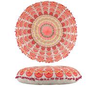 Marrakech Coussin de sol, décoratif, style bohème, rond, 60 x 15 cm, avec rembourrage, coussin de méditation, garet orange, en coton brodé avec motif mandala, coussin de yoga bohème, pour salon
