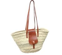 Marrakech Ibiza Sac de shopping pour femme 50 x 30 cm - Panier tressé avec anse - Sac de plage XXL en feuille de palmier et cuir véritable - Sac à main tressé Solana, beige, xl