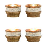 Marrakech - Lot de 4 photophores décoratifs bohème en bois et métal - 7,5 cm - Hannan - Bougeoirs orientaux vintage - Décoration de table ou de chambre à coucher - Décoration de printemps