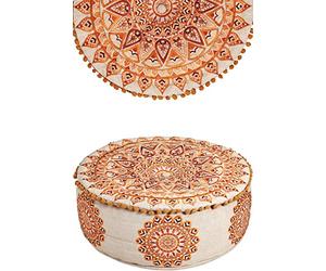 Marrakech Pouf d'assise rond 50 x 25 cm avec rembourrage - Tabouret oriental Aziza marron en coton brodé avec motif mandala - Pouf bohème pour salon, chambre à coucher