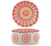 Marrakech Pouf d'assise rond 50 x 25 cm avec rembourrage, tabouret oriental, en coton brodé avec motif mandala, pouf bohème, pour salon, chambre à coucher