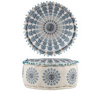 Marrakech Pouf d'assise rond 50 x 25 cm avec rembourrage, tabouret oriental, garet bleu, en coton brodé avec motif mandala, pouf bohème, décoration pour salon, chambre à coucher