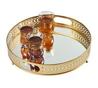 MARRAKESCH Nikita Plateau miroir rond 30 cm doré | Plateau à bougie rond en métal avec bord haut | Plateau de service vintage | Décoration orientale dorée sur la table dressée