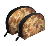 Marron Beige Feuilles d'or Automne Lin, Trousse de Maquillage Coquille Femme Petit Porte-Monnaie Trousse de Toilette Trousse à cosmétiques 2 pièces
