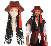Marron Chapeau Pirate Perruque, Chapeau Pirate Marron avec Tresses Et Perles, Chapeau De Pirate Des Caraïbes, Chapeau De Capitaine Tricorne avec Perruque, pour Halloween Carnaval Costume Accessoire