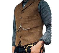 Marron Gilets Sans Manche Désinvolte Homme Costume Formel Gilet de Costume de Tailleur en Lainage la Laine Tweed Rétro Arête de Hareng col Cranté élégant Garçons d'Honneur de Mariage de Bal-M