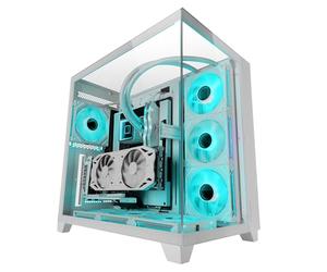 Mars Gaming MC-3C, Boîtier Gaming ATX, Vue Panoramique 3D avec Triple Verre Trempé, Design à Double Chambre Latérale, Support Complet Refroidissement Liquide, Semi-Tour PC Gestion des Câbles, Blanc