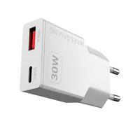 Mars Gaming MD-GAN30, Chargeur USB 30W, Charge Rapide PD 3.0 et QC 3.0, Technologie GaN, Format Ultra-Compact et Léger, 9 Protections de Sécurité, Port USB-C et USB-A, Prise Européenne Type C, Blanc