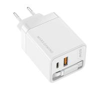 Mars Gaming MD-GAN65R, Chargeur USB-C 65W Ultra-compact, Charge Rapide QC 3.0 et PD 3.0, Technologie GaN, Câble Rétractable Plat 65cm, 9 Protections, Port USB-A + USB-C, Prise Européenne Type C, Blanc