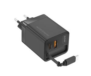 Mars Gaming MD-GAN65R, Chargeur USB-C 65W Ultra-compact, Charge Rapide QC 3.0 et PD 3.0, Technologie GaN, Câble Rétractable Plat 65cm, 9 Protections, Port USB-A et USB-C, Prise Européenne Type C, Noir