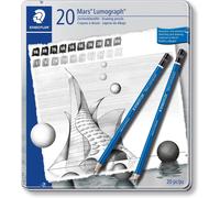 Mars Lumograph 100, Crayons Graphites De Très Haute Qualité Avec Gomme Et Taille-Crayon, Pour Écriture Et Dessin Artistique, Boîte En Carton Avec 6 Crayons Différents Assortis, 1 Gomme Mars Plastic Et