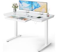 Marsail Bureau debout électrique en verre avec tiroir, bureau assis-debout avec rangement pour la maison et le bureau, 122 x 61 cm, blanc