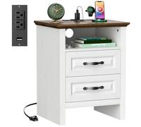 Marsail Table de nuit avec station de charge, table de chevet rustique avec 2 tiroirs et étagère ouverte, meuble de rangement pour chambre à coucher, table d'appoint rustique, bois blanc