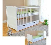 Marsell Lit bébé avec tiroir Lit bébé avec Matelas en Mousse Aloe Vera des Rails de Protection Réglables en Hauteur Blanc Transformable en lit Enfant