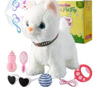 Marsjoy Ensemble de Chat Qui Marche en Laisse Blanche Chantant Qui ronronne et miaule Robot en Peluche animé Chaton Animal de Compagnie en télécommande Mignon Jouet robotique Kawai pour Enfant