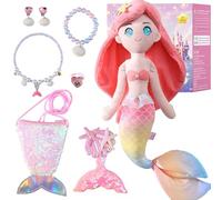 Marsjoy Ensemble de jouets sirène en peluche de 33 cm avec poupée sirène rose pour enfants, accessoires de jeu de simulation, cadeaux d'anniversaire pour petite fille
