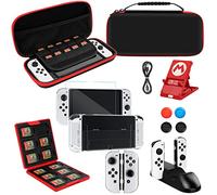 marspell Kit d'accessoires Switch OLED - Coque transparente, protection d'écran, sac de transport, support réglable, étui pour cartes jeu, station chargement Joycon Nintendo modèle 2021
