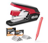 Marsrock Agrafeuse de Bureau Lourd Sans Effort, Capacité 40 Feuilles, Agrafage à 1 Doigt, Ergonomique et Facile à Charger, Comprend 2000 Agrafes et un Dissolvant D'agrafes Magnétique, Rouge