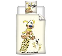 Marsupilami Housse de Couette 140x200 + Taie 65x65 Houba Hop Jaune Blanc | Parure de lit réversible 1 personne | Polycoton séchage rapide | Licence officielle Spirou | Enfant | Cadeau | Idée cadeau