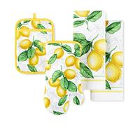 Martha Stewart Lots of Lemons Lot de 4 torchons, Gants de Cuisine et maniques Modernes, Blanc-Jaune
