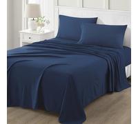 Martha Stewart Parure de draps 4 pièces en Microfibre Douce brossée et lavée, Facile d’Entretien, Poche Profonde Jusqu’à 40 cm, 1 Drap Plat, 1 Drap-Housse, 1 taies Standard, lit Double, Bleu Marine