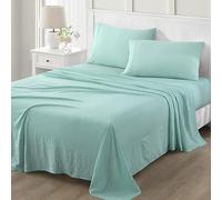 Martha Stewart Parure de draps 4 pièces en Microfibre Douce brossée et lavée, Facile d’Entretien, Poche Profonde Jusqu’à 40 cm, 1 Drap Plat, 1 Drap-Housse, 2 taie, lit Queen, Turquoise