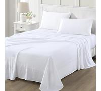Martha Stewart Parure de draps 4 pièces en Microfibre Ultra Douce brossée et lavée, Facile d’Entretien, Poche Profonde Jusqu’à 40 cm, 1 Drap Plat, 1 Drap-Housse, 2 taies, lit Simple, Blanc Brillant