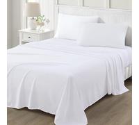Martha Stewart Parure de draps 4 pièces en Microfibre Ultra Douce brossée et lavée, Facile d’Entretien, Poche Jusqu’à 40 cm, 1 Drap Plat, 1 Drap-Housse, 2 taies d'oreiller, lit Double, Blanc et Rose