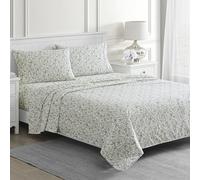 Martha Stewart Rachel Jacobean Floral Parure de lit 100% Percale de Coton 300TC - Vert/Violet - 4 pièces - 1 Drap Plat, 1 Drap-Housse, 2 taies d'oreiller STD, draps de lit imprimés en Coton