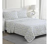 Martha Stewart Ruth Ditsy Floral Parure de lit 100% Percale de Coton 300 Fils - Bleu/Blanc - 4 pièces - 1 Drap Plat, 1 Drap-Housse, 2 taies d'oreiller STD, draps de lit imprimés en Coton Respirant,