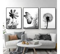 Martin Kench Lot de 3 posters esthétiques noirs et blancs, papillons, fleurs, pissenlit, tableaux muraux modernes, pour salon, chambre à coucher, décoration murale, sans cadre