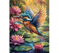 Martin-pêcheur avec des Fleurs de Lotus 300 Pièces Puzzle Débutant en Carton Haute Densité Faune et Flore Facile Apprentissage Anti-Stress Passe-Temps Cadeau Fête des Mères Haute Qualité 300 PCS
