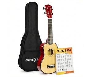 Martin Smith Ukulélé Soprano 21 Pouces, Set Débutant, Naturel | Ukulélé soprano 4 cordes avec housse et livre d'accords pour enfants, adultes et débutants, cours, école et voyage