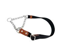 Martingale Collier Semi Etrangleur pour Chien avec Chaîne et Cuir. Anti Traction. L. Noir & Cognac
