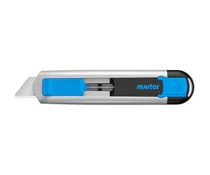 MARTOR SECUNORM 525 Cutter de Sécurité, Lame Arrondie, Rétraction Aluminium | Droitier & gaucher, curseur 1 côté, manche alu, lame arrondie, 2 positions, carton, film. No. 52500110.02