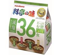 Marukome Soupe Miso Ryotei no Aji 4 Saveurs, Réduit en Sel, Pack de 36 Soupes Miso Instantanées Japonaises (Algues Wakame, Oignons Verts, Tofu, Aburaage)
