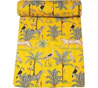 Marusthali Couvre-lit indien traditionnel Kantha fait à la main en pur coton avec imprimé animal (jaune, lit simple, 152,4 x 228,6 cm)