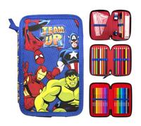 Marvel Avengers Trousse Garnie Deluxe 3 Compartiments Enfant | Trousse Scolaire Remplie avec Crayons de Couleur et Fournitures Scolaires | Trousse Organisée pour l'École