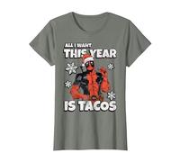 Marvel Deadpool Noël All I Want This Year is Tacos T-Shirt, Femme, Vert Kaki chiné, XS