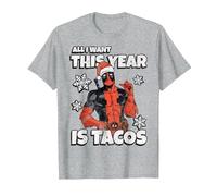Marvel Deadpool Noël All I Want This Year is Tacos T-Shirt, Homme, Gris Chiné, M
