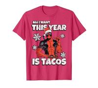 Marvel Deadpool Noël All I Want This Year is Tacos T-Shirt, Homme, Rouge Chiné, XXL