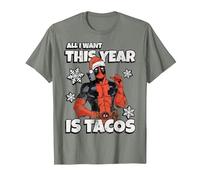 Marvel Deadpool Noël All I Want This Year is Tacos T-Shirt, Homme, Vert Kaki chiné, M
