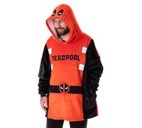 Marvel Deadpool Unisexe Couverture portable Sweat a capuche | Pull pour adultes en rouge et noir avec les yeux du masque Deadpool sur la capuche