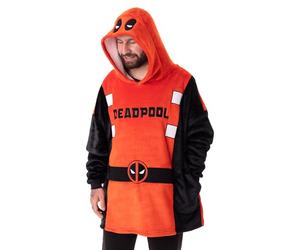 Marvel Deadpool Unisexe Couverture portable Sweat a capuche | Pull pour adultes en rouge et noir avec les yeux du masque Deadpool sur la capuche