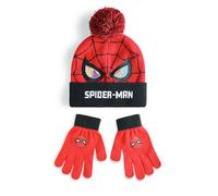 Marvel Ensemble bonnet et gants Spiderman pour garçons | Chapeau d’hiver tricoté rouge et noir avec yeux et toile Spiderman | Chapeau Pom Pom taille unique pour enfants avec gants imprimés