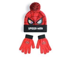 Marvel Ensemble bonnet et gants Spiderman pour garçons | Chapeau d’hiver tricoté rouge et noir avec yeux et toile Spiderman | Chapeau Pom Pom taille unique pour enfants avec gants imprimés