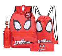 Marvel Ensemble 5 Pièces avec Sac à Dos, Sac à Cordon, Trousse, Bouteille et Porte-Clés (Rouge Spiderman)
