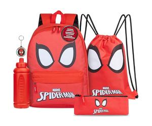 Marvel Ensemble Cartable 5 pièces avec Sac à Dos, Sac à Cordon, Trousse, Bouteille d'eau et Porte-clés - Cadeaux pour garçons, Spiderman Rouge, Set of 5, Ensemble Cartable