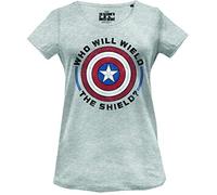 Marvel Legend Icon Officiel Who Will Wield The Shield ? imprimé T-Shirt pour Femme Col Ras du Cou Manches Courtes Coton Coupe régulière,Gris Melange_X-Large