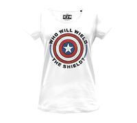 Marvel Legend Icon Officiel Who Will Wield The Shield ? imprimé T-Shirt pour Femme Col Ras du Cou Manches Courtes Coton Coupe régulière,Blanc_X-Large